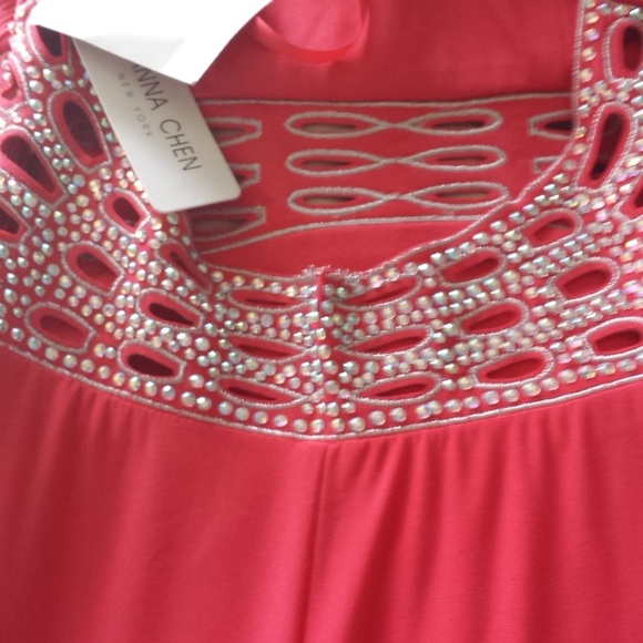 NWT David's Bridal One Shoulder Cut Out Silver Rhinestone Waist Coral Dress 0 - Picture 7 of 9